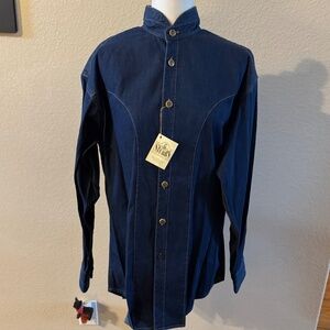 Men's Stubbs Western Wear Silky Denim Banded Collar Long Sleeve Shirt SZ L